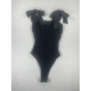 MOTU Black Ribbed Tie Shoulder Bow Bodysuit Thong Snap Closure XS